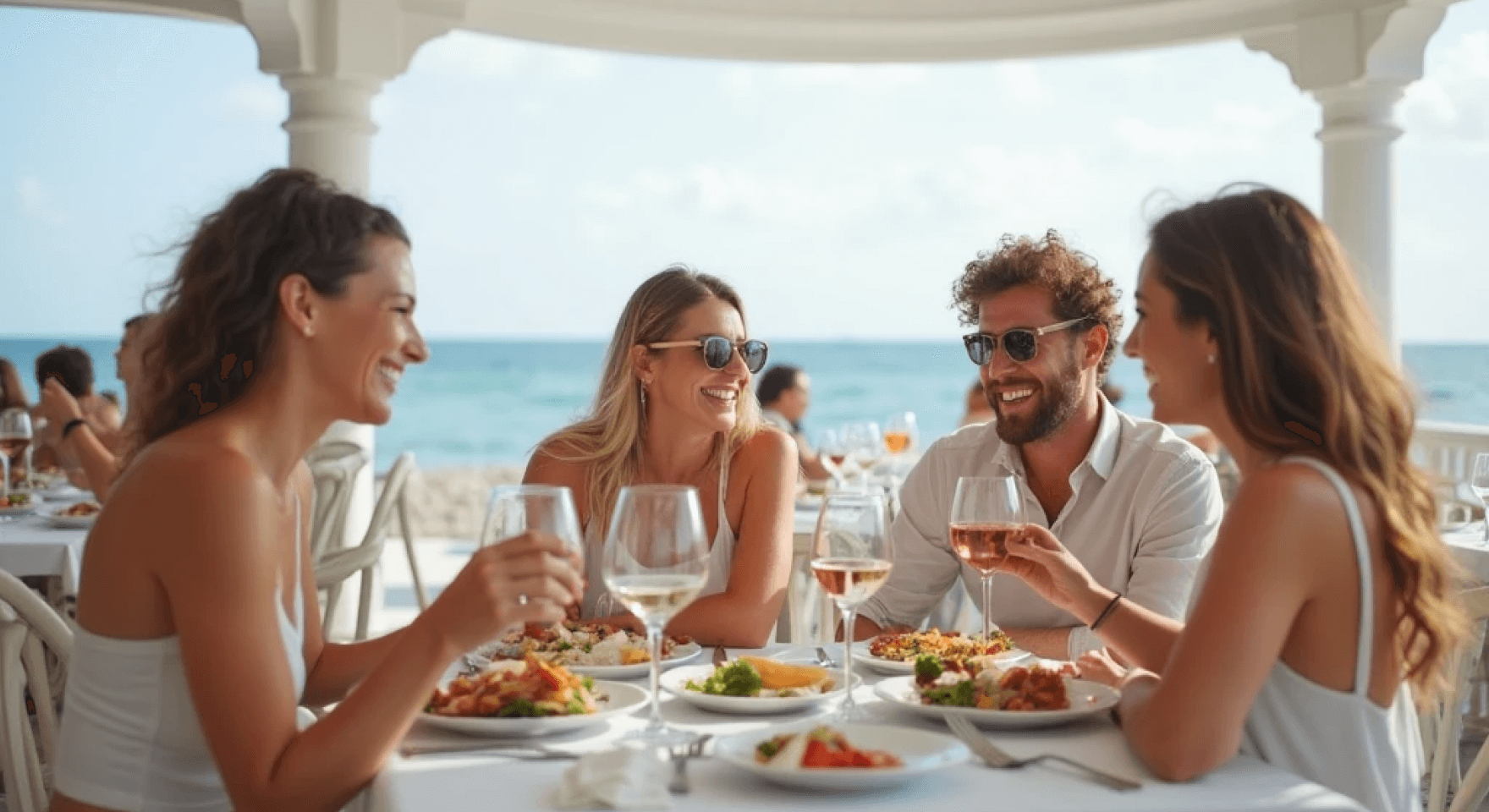 A group of friends dining on a restaurant terrace, their seamless experience managed by a CRM system for restaurant