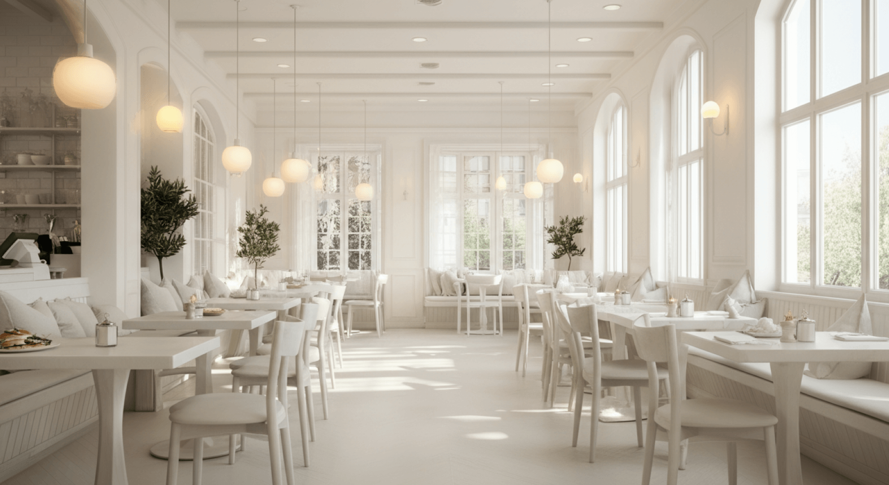 A pristine cafe interior ready for service, with daily operations streamlined by a CRM for cafe automation