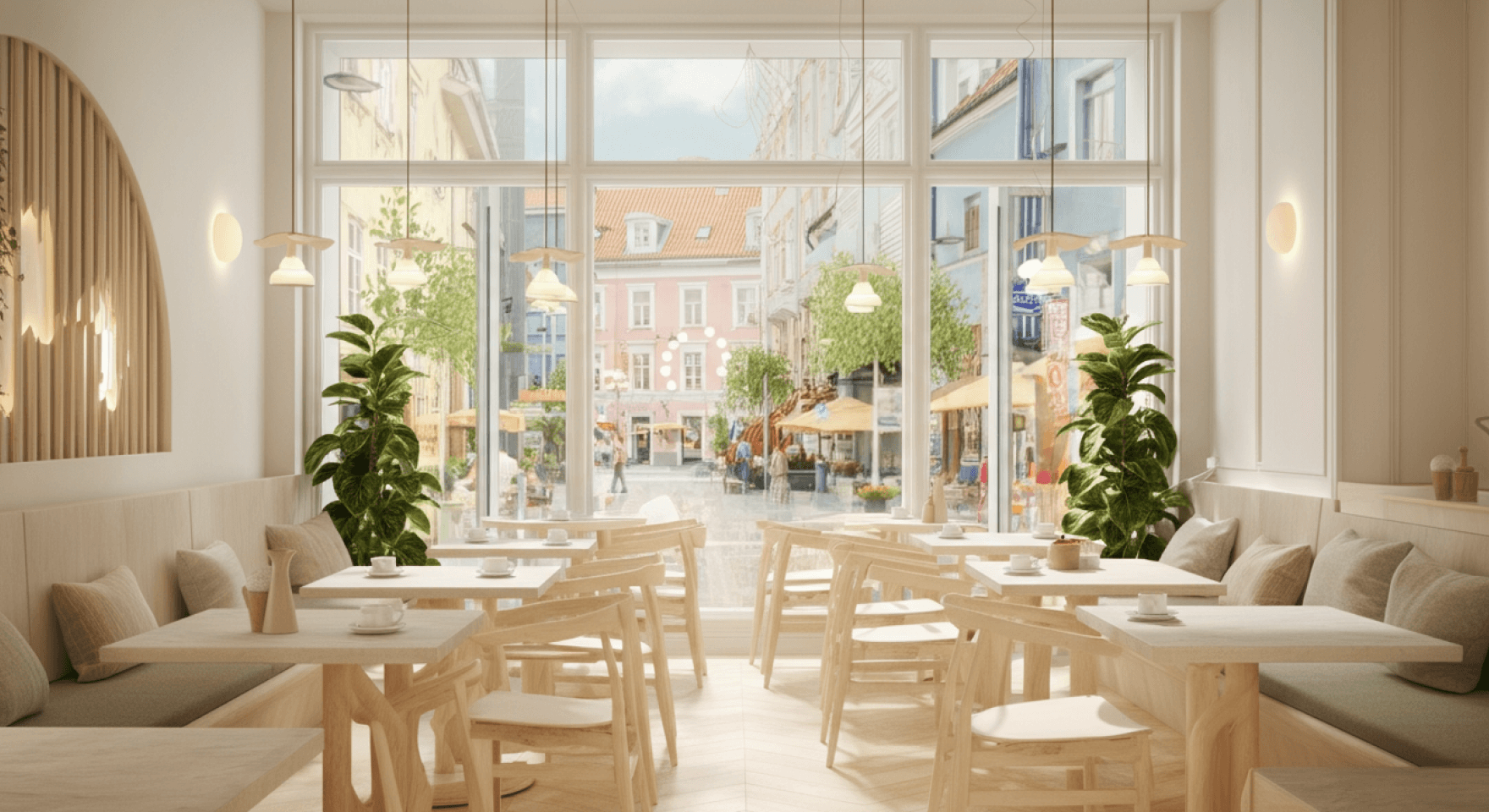 A bright restaurant interior with a street view, where effective restaurant management accounting drives business success