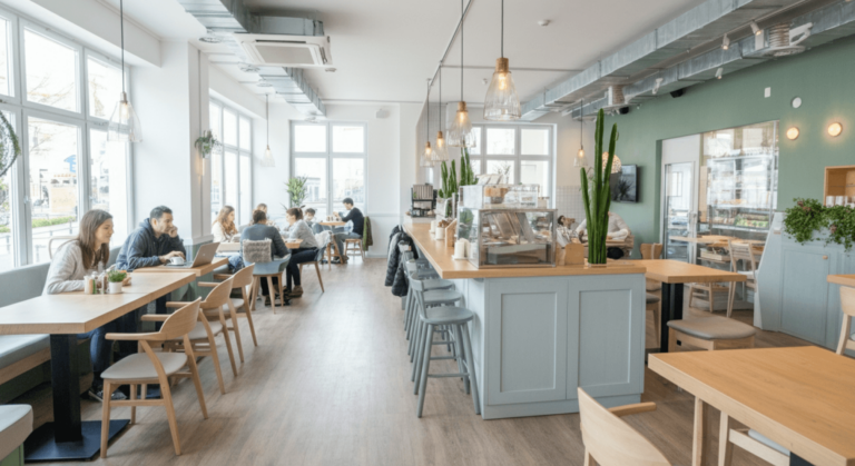 A busy cafe where staff use a tablet for cafe automation, ensuring efficient service for diners