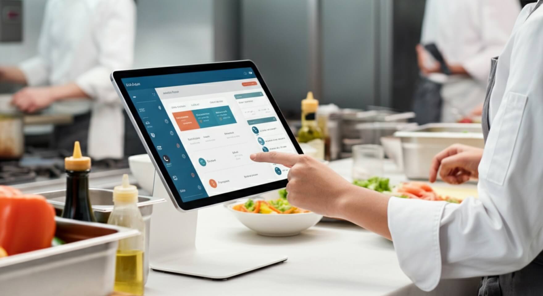 Kitchen automation: a chef manages orders using a tablet display