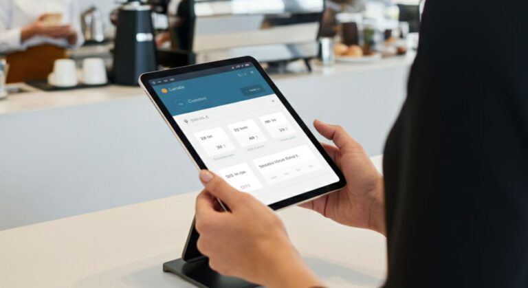 A waiter enters an order on a tablet using modern software for restaurants