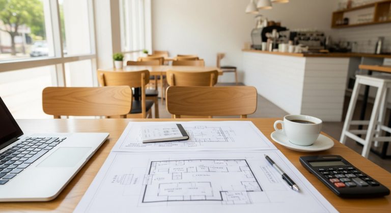 Cafe automation while planning the layout and workflows on a laptop